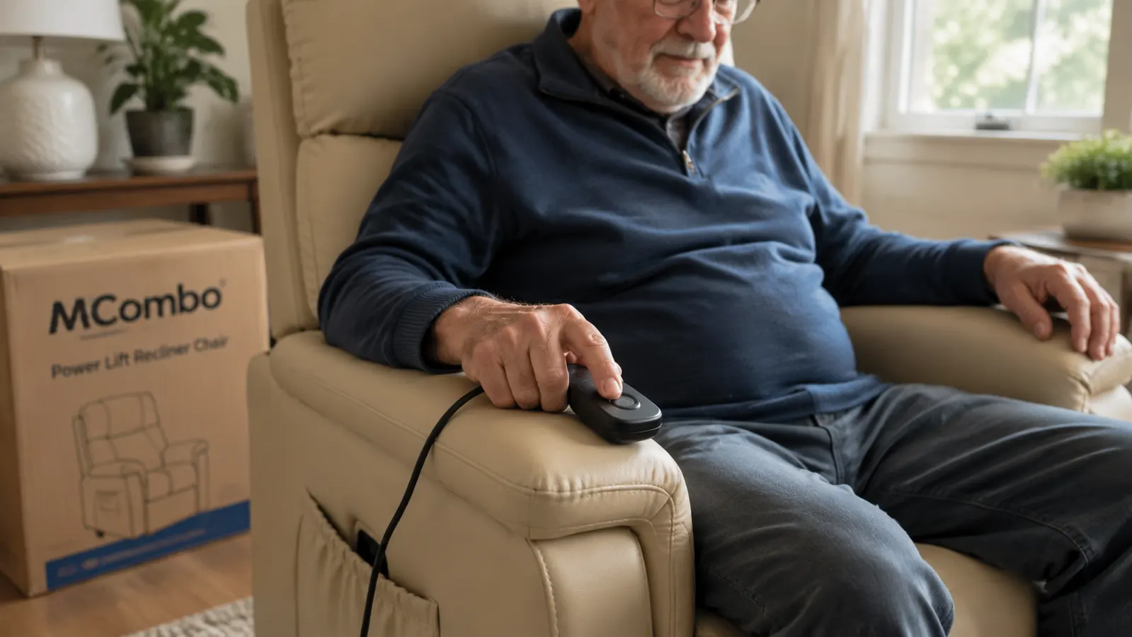 Close-up of a caregiver's hand pressing the lift button on a power recliner remote control