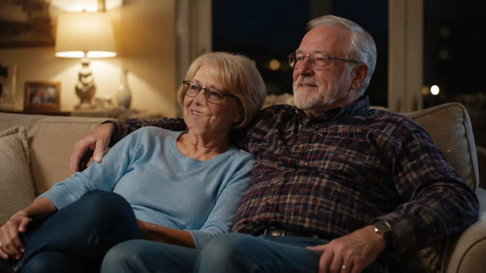 Older couple relaxing together in adjacent chairs in a living room in the evening