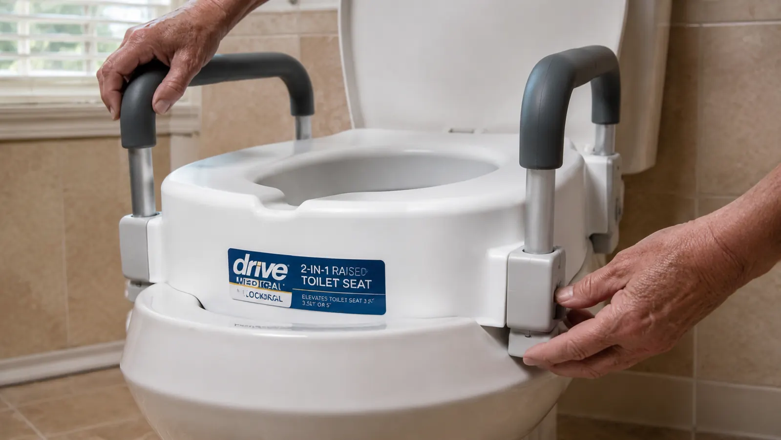 Drive Medical raised toilet seat with arms shown attached to toilet, close-up of locking bracket