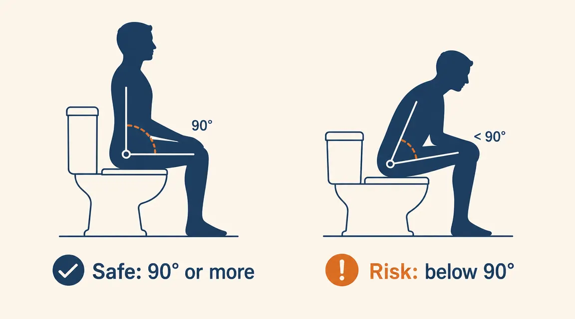 Diagram showing 90-degree hip angle limit compared to deep toilet sitting angle