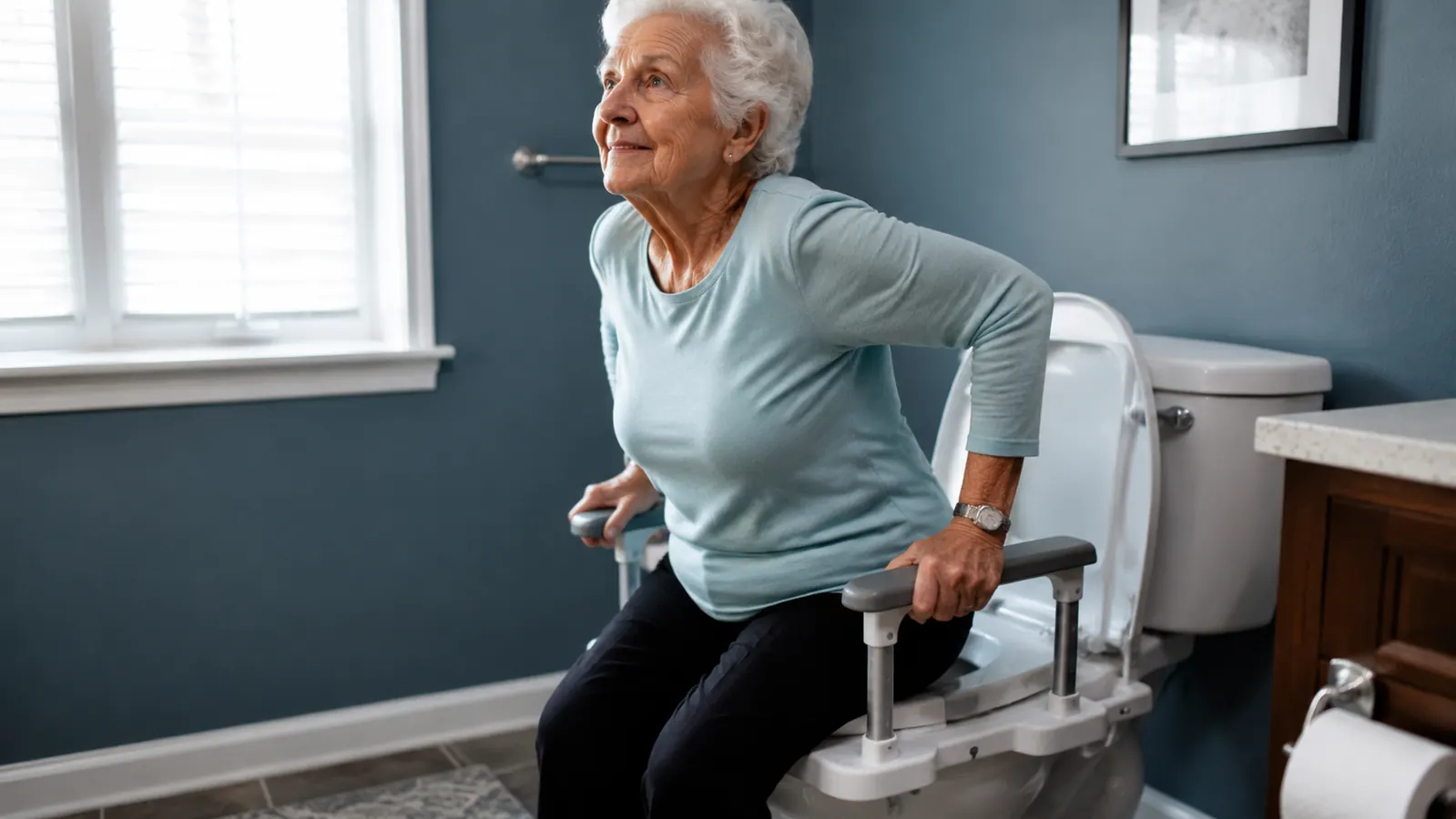 Older woman using toilet seat arms to push herself to standing position in bathroom