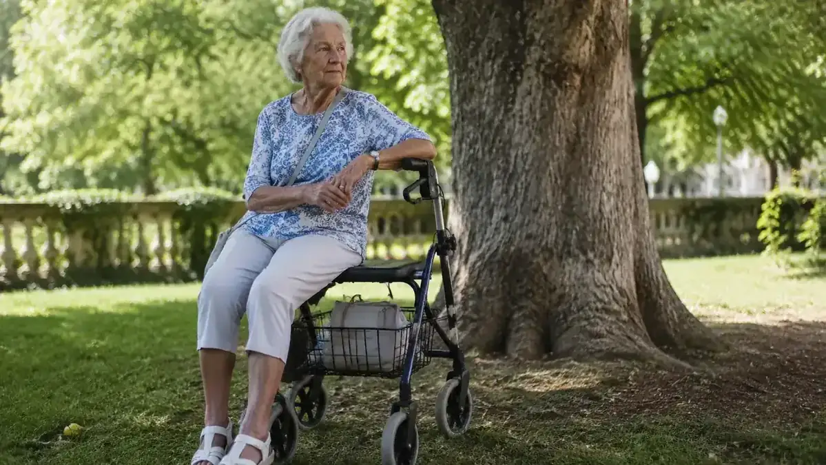Senior woman seated on rollator walker seat, resting in a park