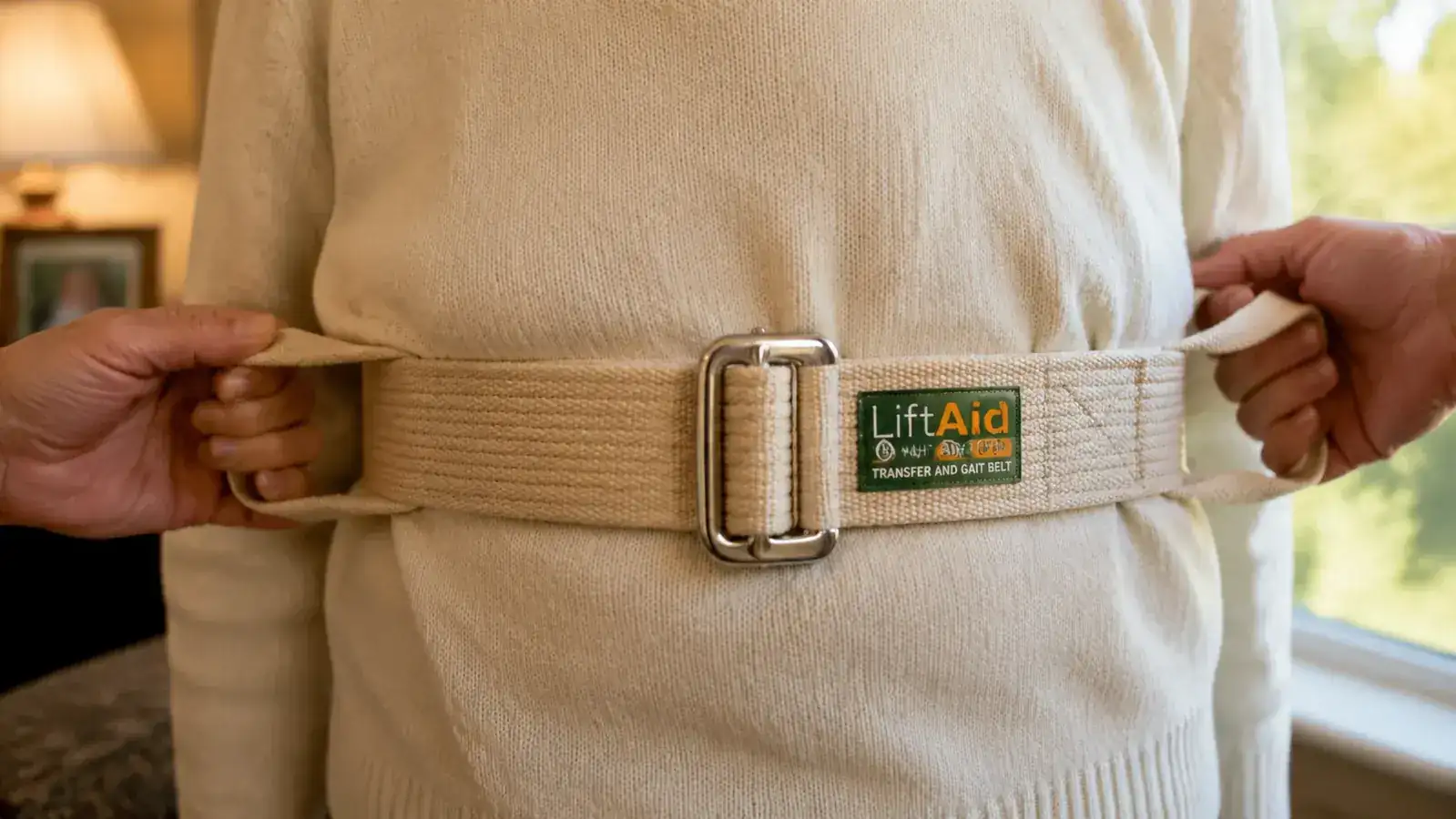 Close-up of a beige gait belt with metal buckle fastened around an elderly person's waist