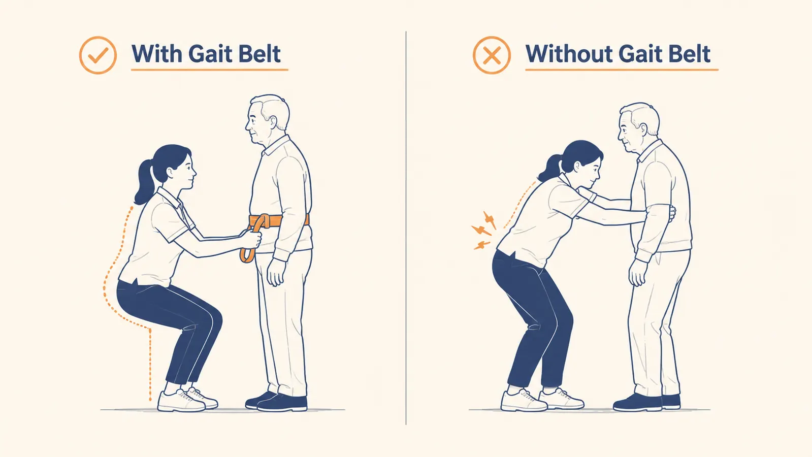 Diagram showing proper caregiver posture with bent knees and upright back versus hunched posture without a gait belt