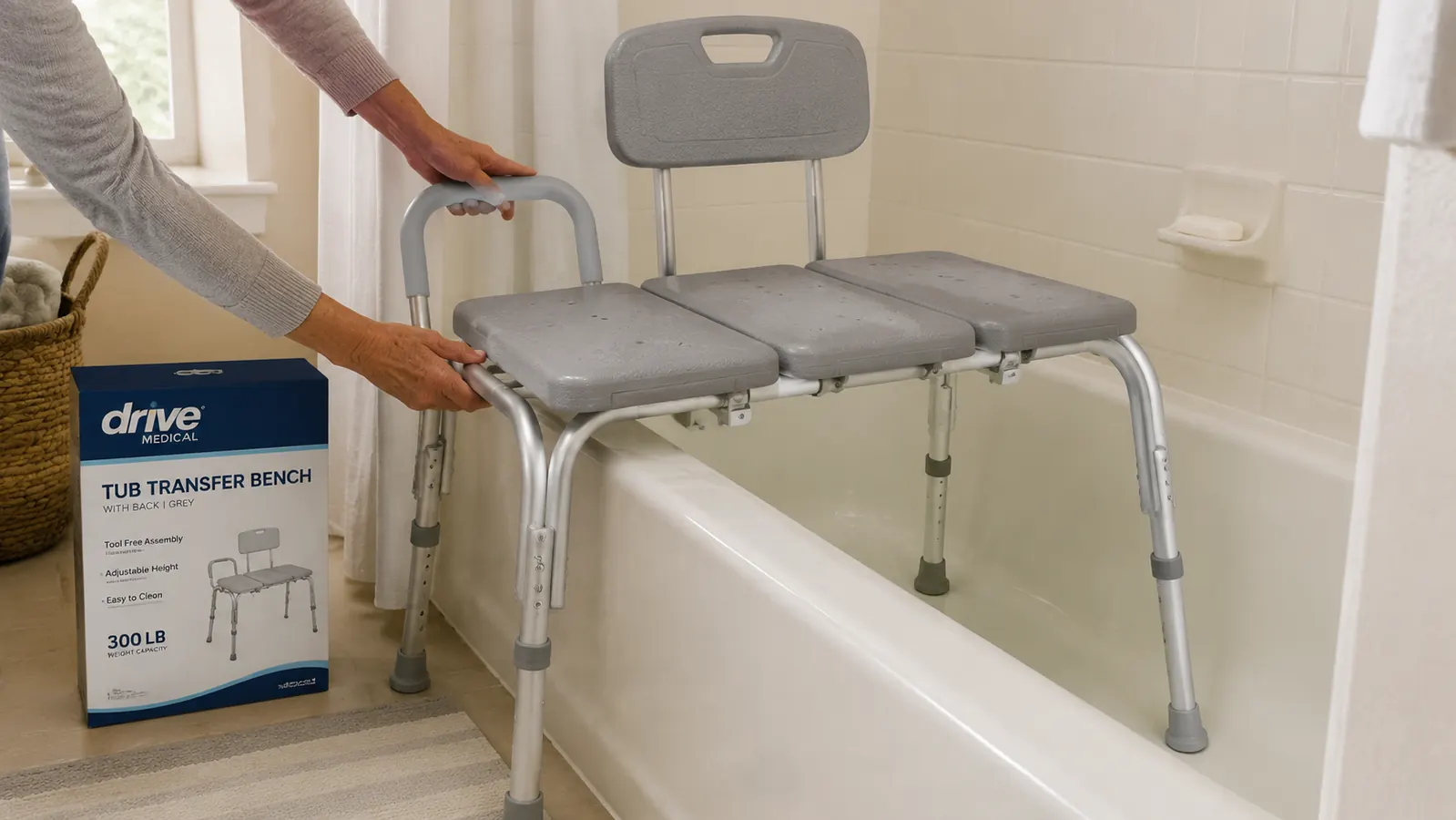 Close-up of the Drive Medical transfer bench seat and backrest positioned over the side of a bathtub