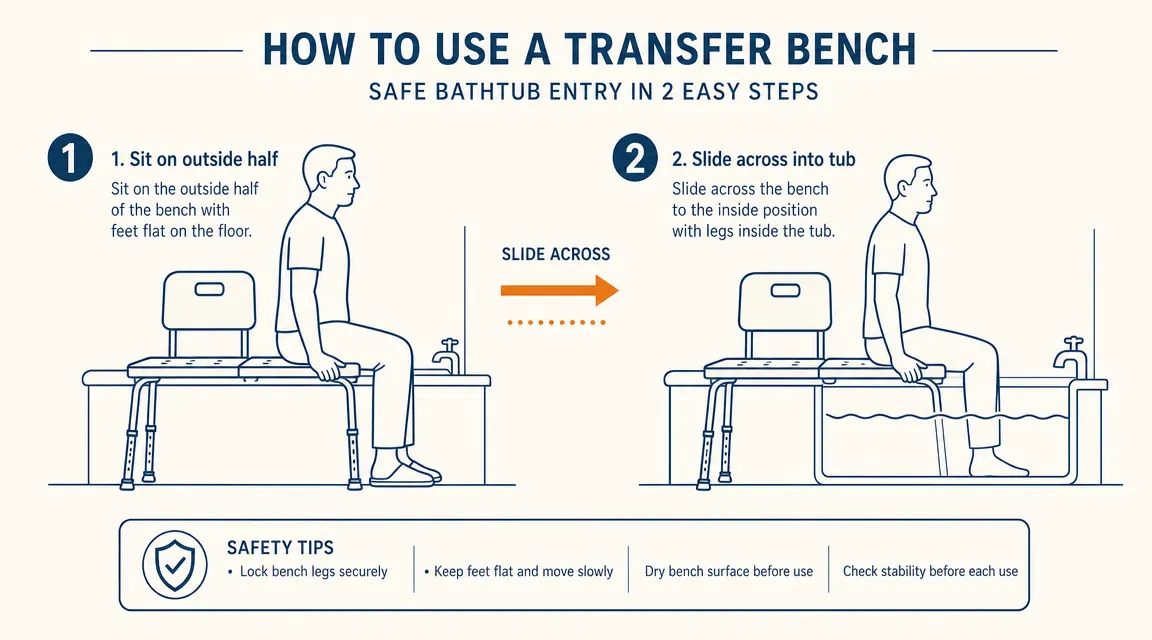Diagram showing the sliding transfer technique: sitting outside the tub and sliding across the bench seat to reach the inside