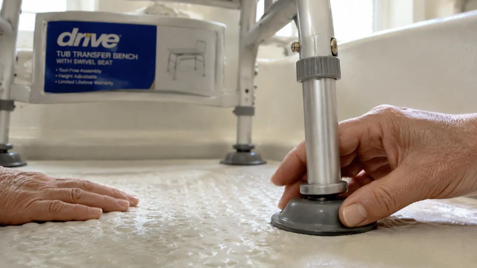 Close-up of transfer bench suction cup feet on a smooth tub floor versus a textured non-slip tub floor, showing the gap where suction fails on texture