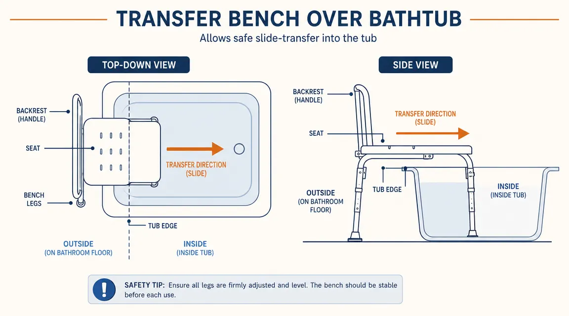 Diagram showing the correct transfer technique for sliding from outside the tub to inside using a transfer bench