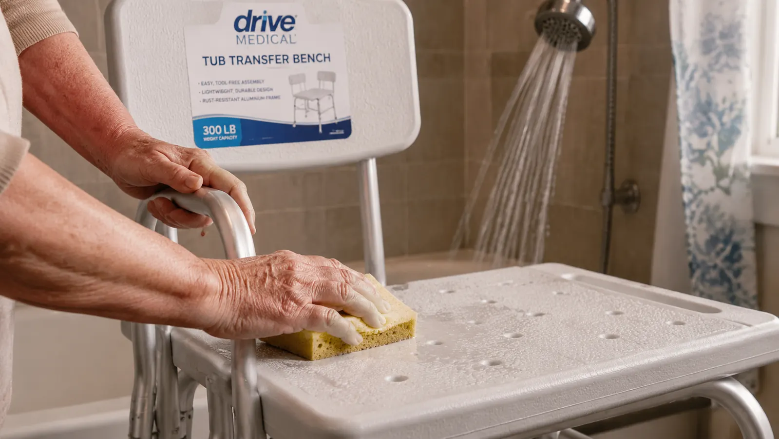 A hand scrubbing the plastic seat of a transfer bench with a sponge under running water