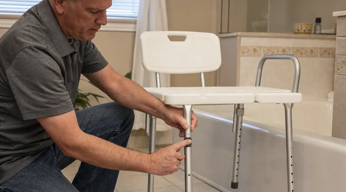 Caregiver adjusting the leg height on a Drive Medical transfer bench in a bathroom