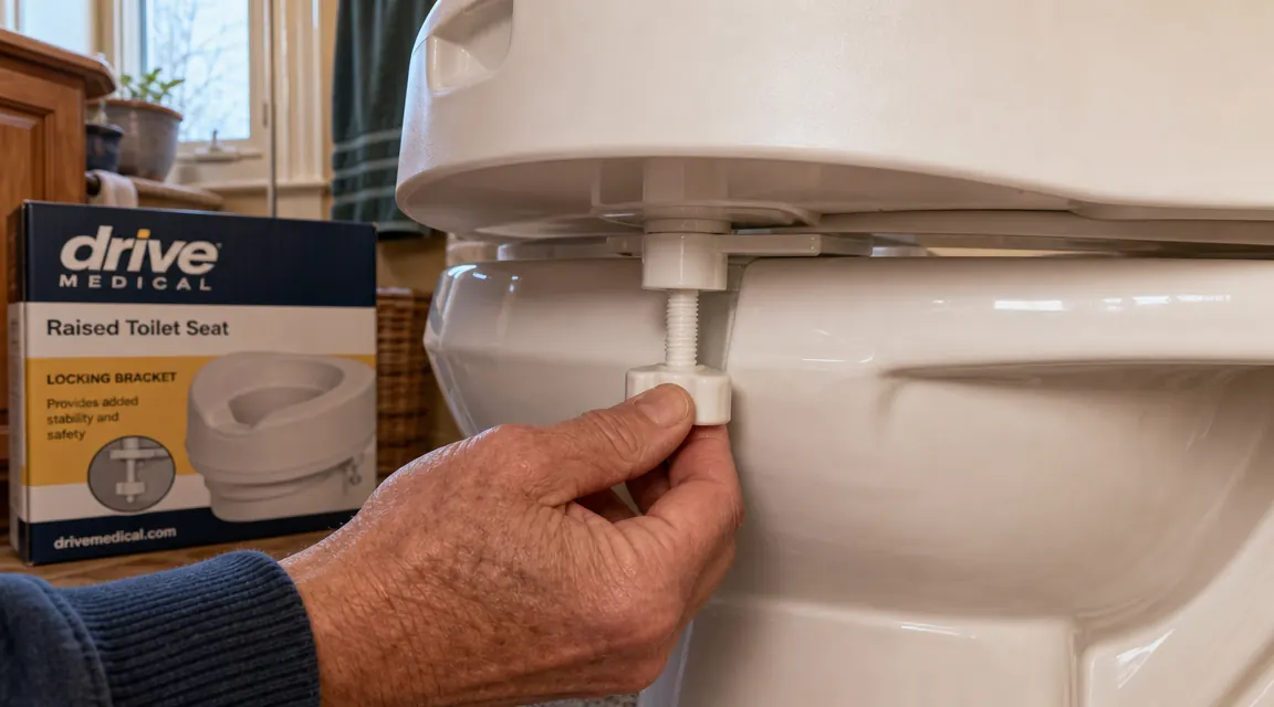 Close-up of the Drive Medical raised toilet seat locking clamp mechanism underneath the rim
