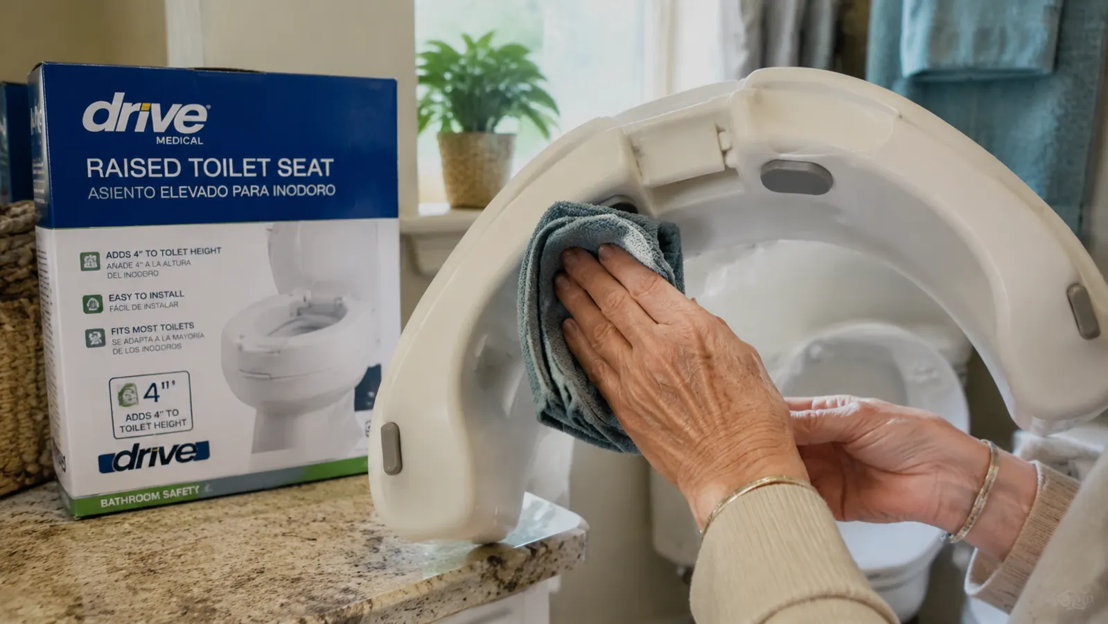 Person wiping down a white plastic raised toilet seat with a damp cloth, showing the underside gap where the seat meets the toilet bowl