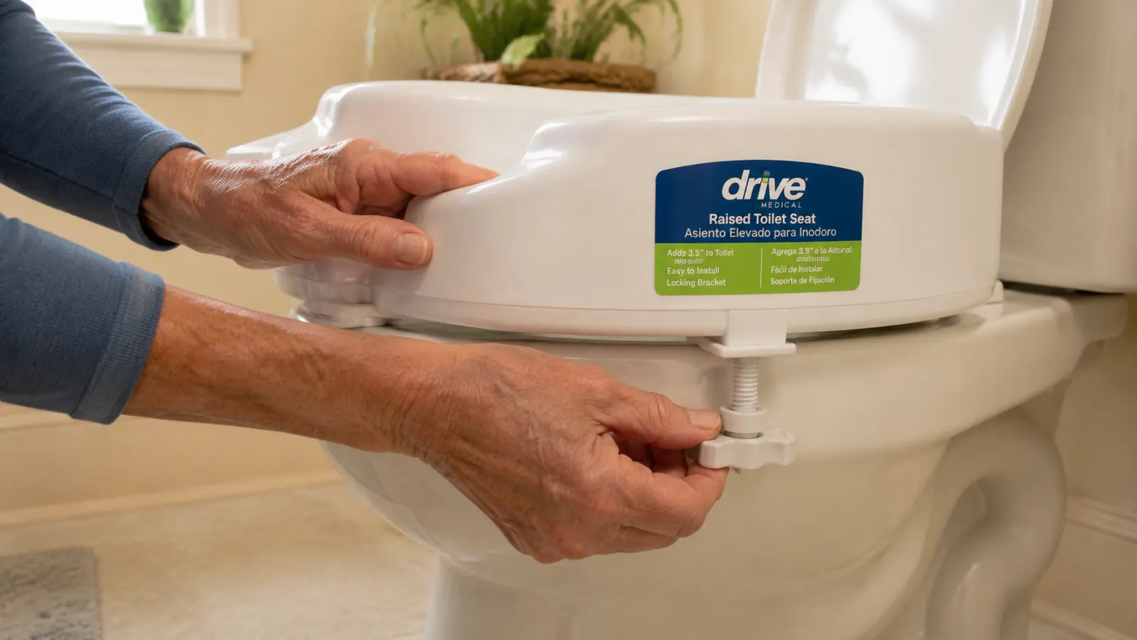 Close-up of the Drive Medical raised toilet seat clamp mechanism being tightened under the toilet rim by a pair of hands