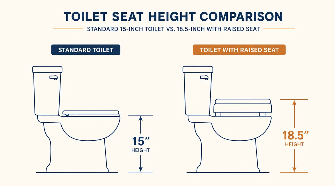 Side-by-side diagram showing standard toilet seat height versus raised toilet seat height, with a measurement arrow showing 3.5 inches added height