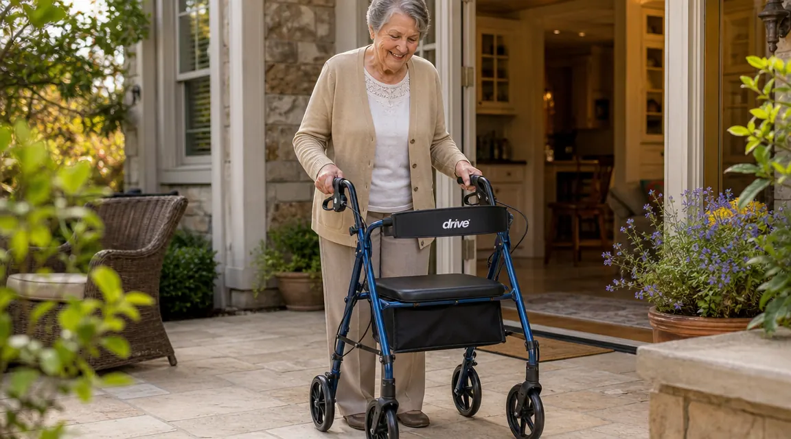 Close-up of the Drive Medical rollator walker seat and hand brakes, parked on a patio
