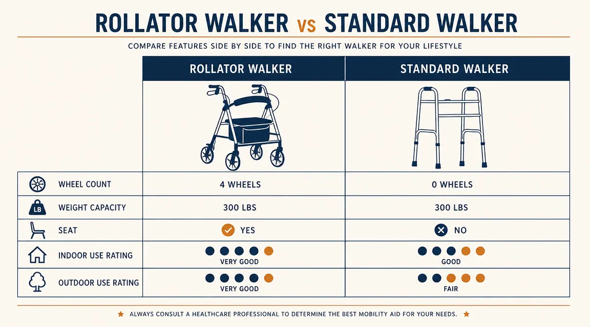 Side-by-side diagram comparing rollator walker and standard walker features including wheels, weight, and seat