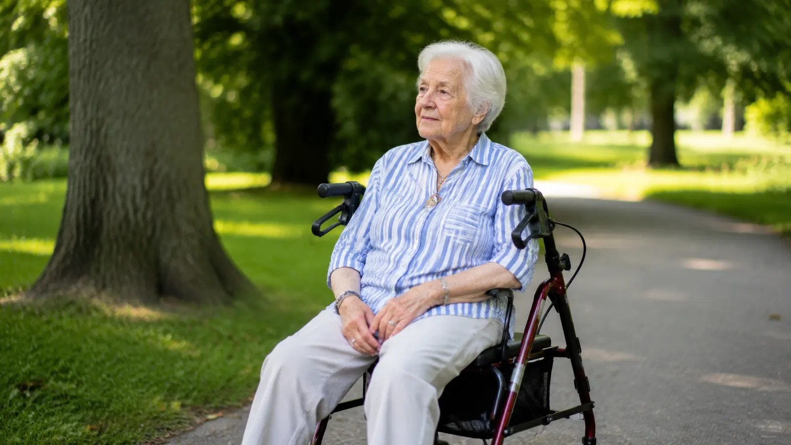 Elderly woman sitting on the seat of a rollator walker to rest during a walk outside
