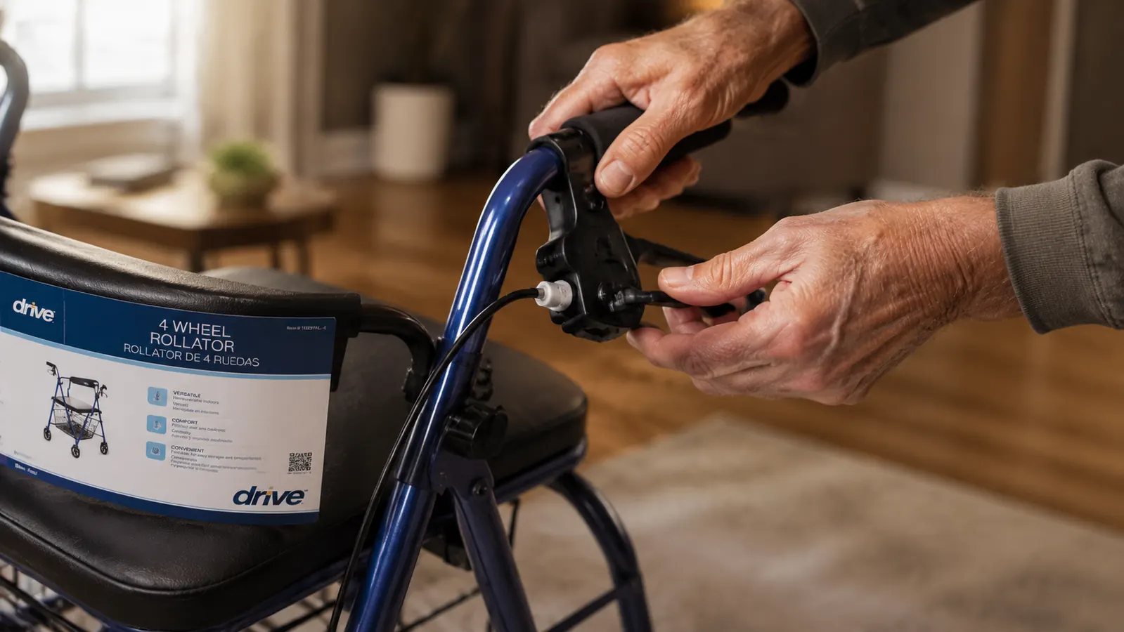 Older man's hands adjusting the brake cable tension on a blue rollator walker handle