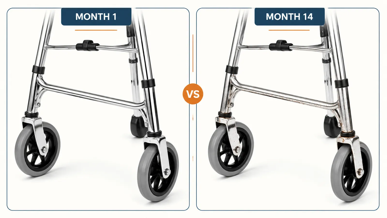 Close-up comparison of chrome rollator frame showing surface rust spots near the wheel axle after outdoor storage