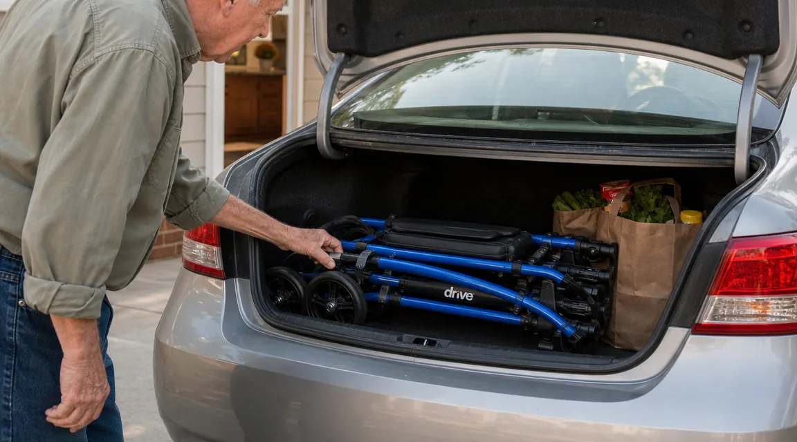 Drive Medical rollator walker folded flat in the trunk of a sedan, showing the compact folded size next to grocery bags