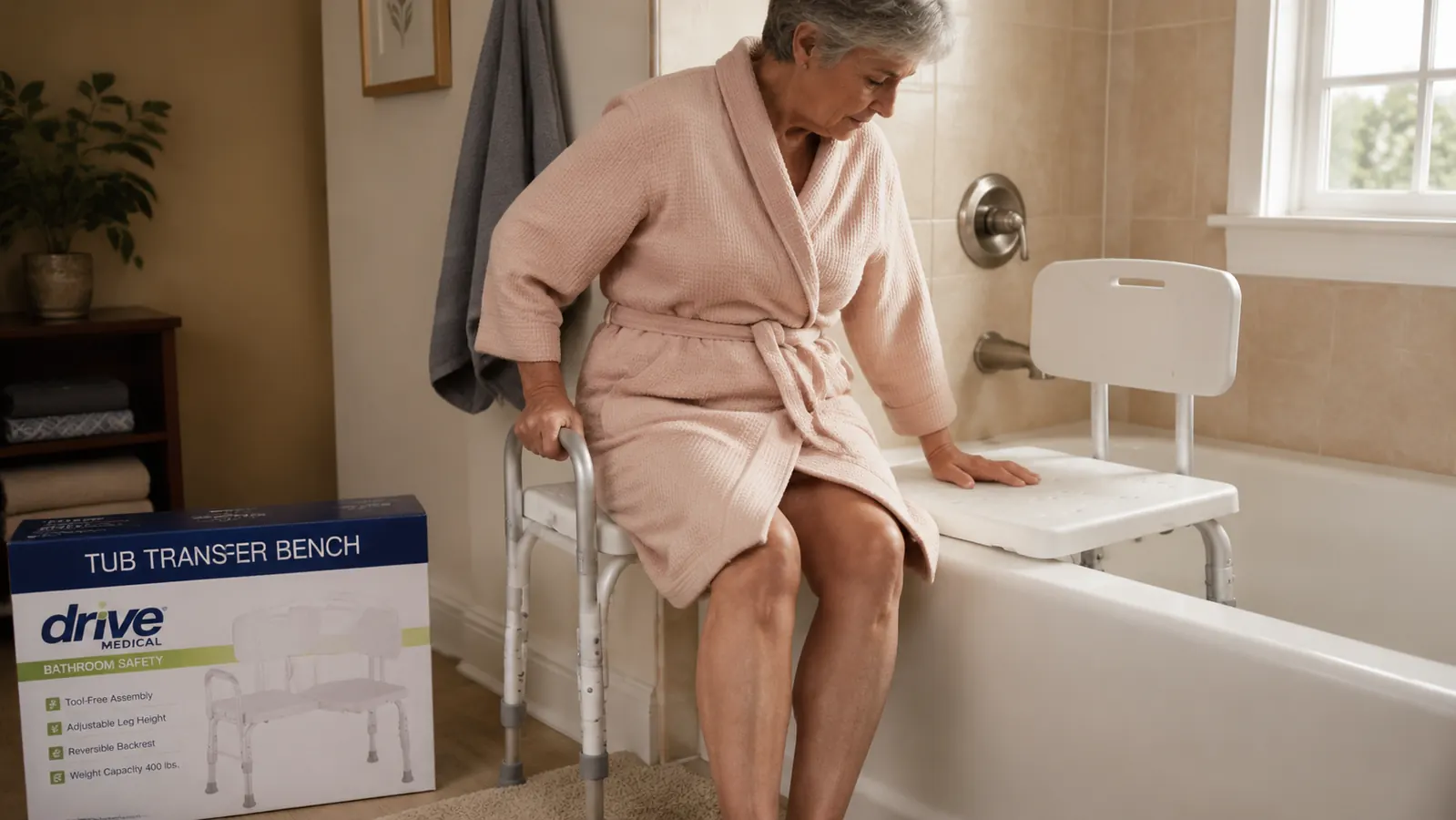 Drive Medical tub transfer bench with backrest installed spanning a white porcelain bathtub