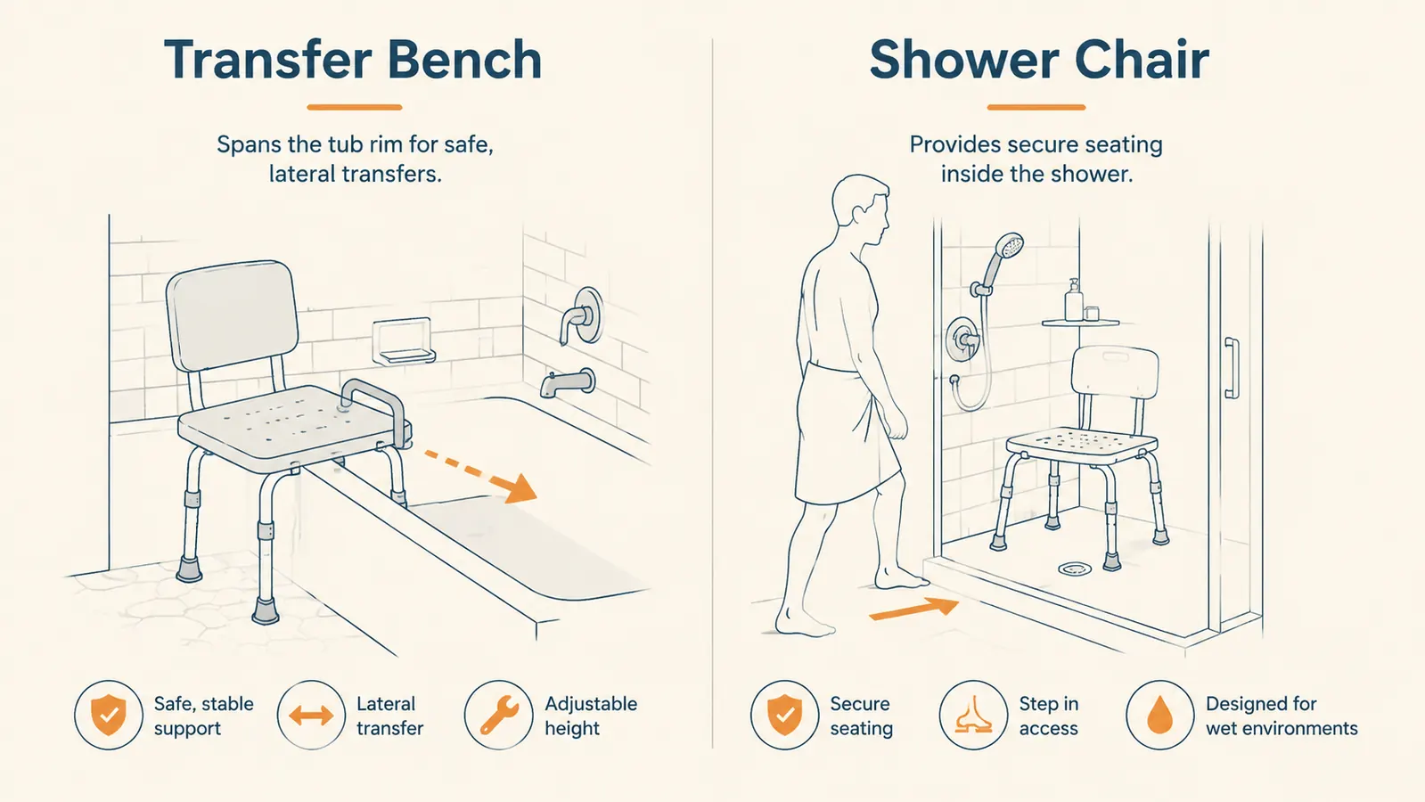 Side-by-side illustration comparing a transfer bench spanning a tub versus a shower chair sitting inside a walk-in shower stall