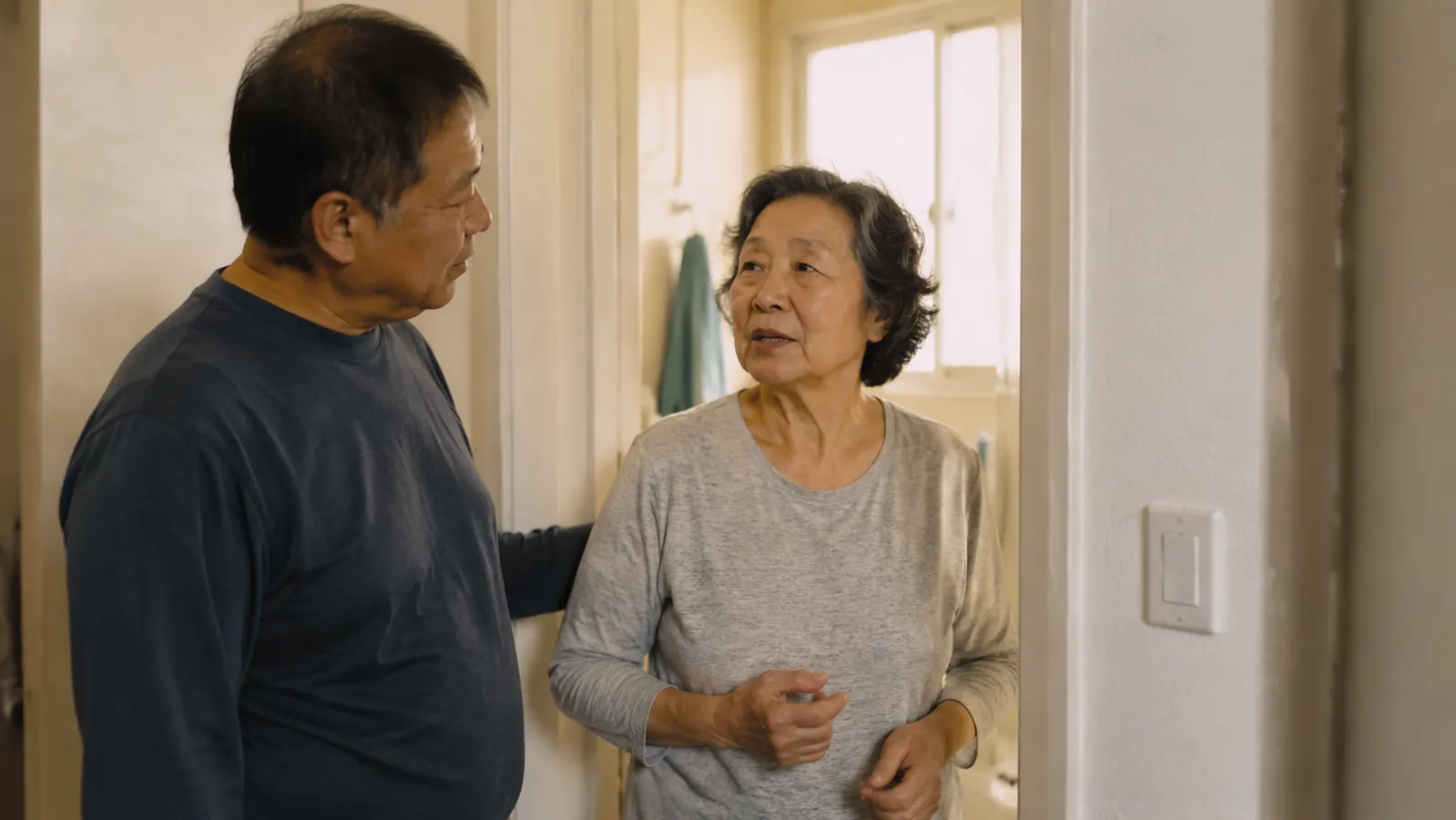 Caregiver and elderly parent in a bathroom discussing bath safety setup