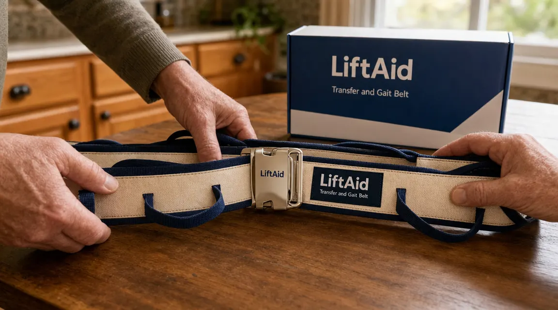 Close-up of a LiftAid gait belt metal buckle and canvas loops laid flat on a wood surface