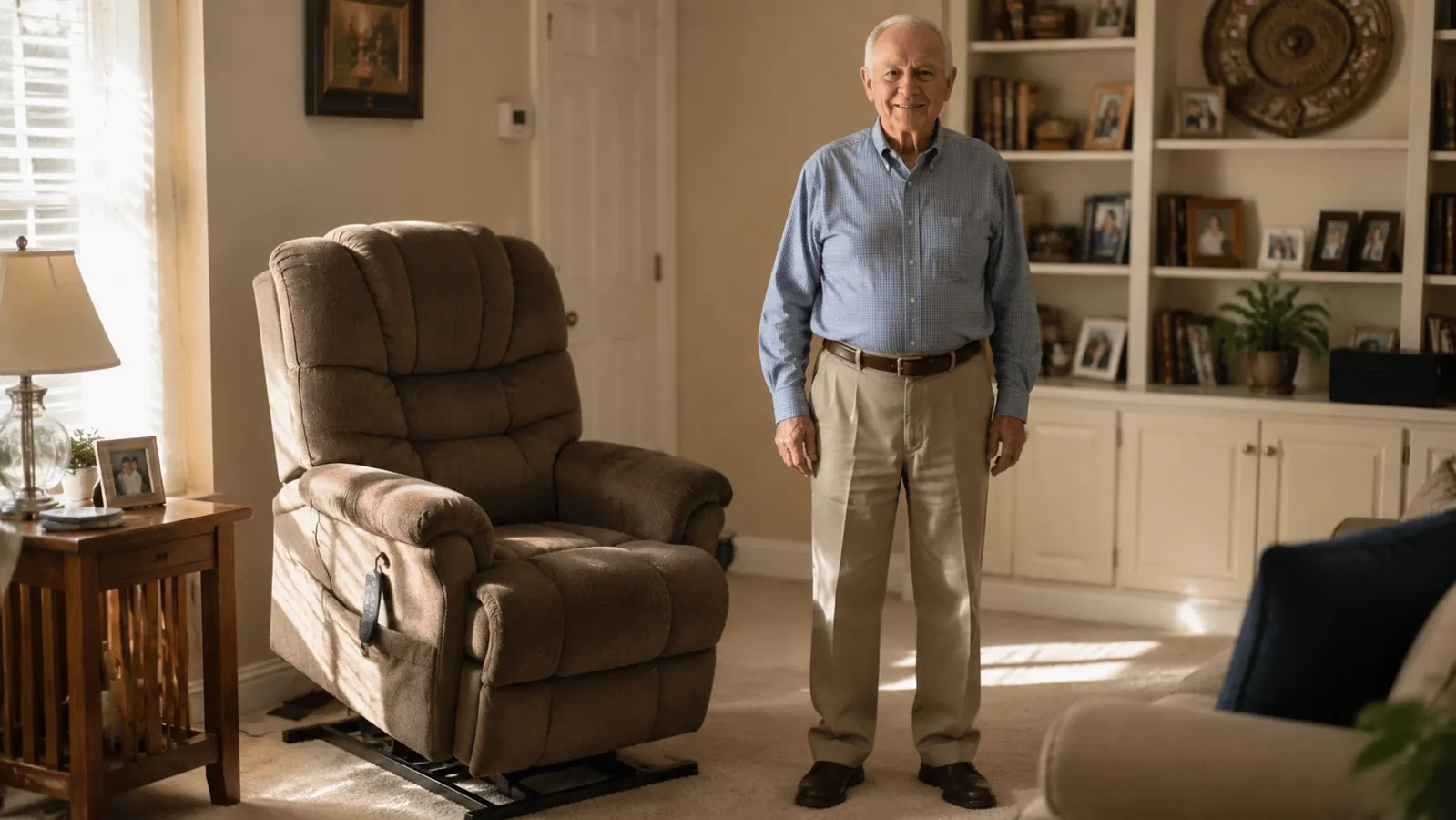 Man standing in a sunlit living room next to a lift chair, relaxed posture, looking out a window