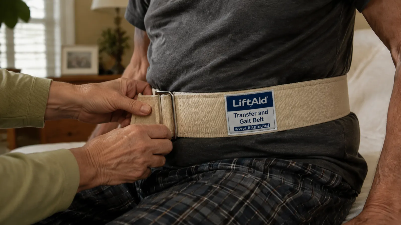 Caregiver fastening a beige gait belt around an elderly man's waist before a standing transfer