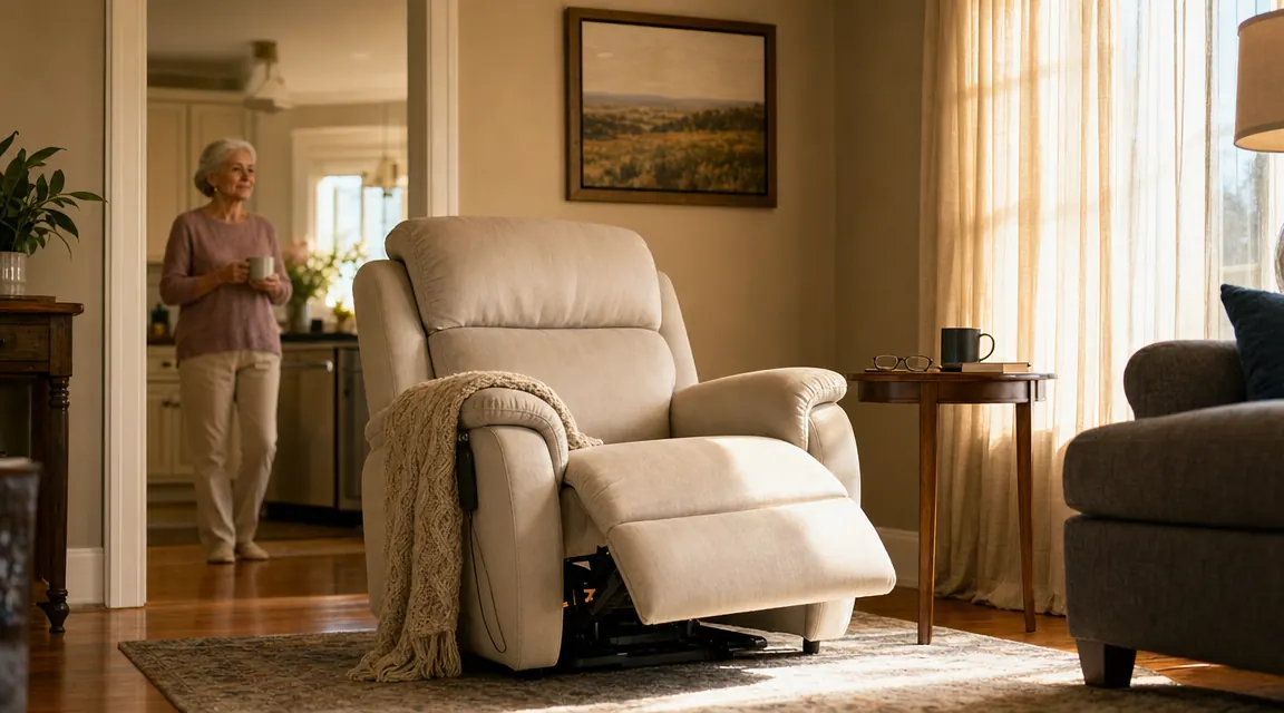 An older woman seated in a lift recliner in a warm-lit living room, evening light