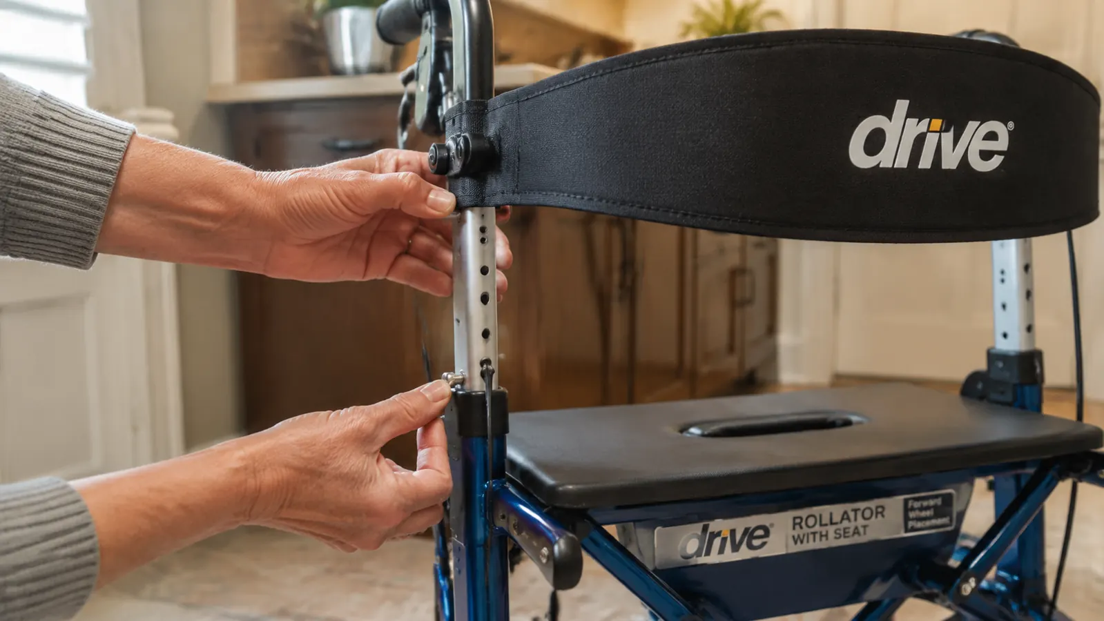 Close-up of a caregiver's hands adjusting the push-button height pin on the handle post of a Drive Medical rollator walker
