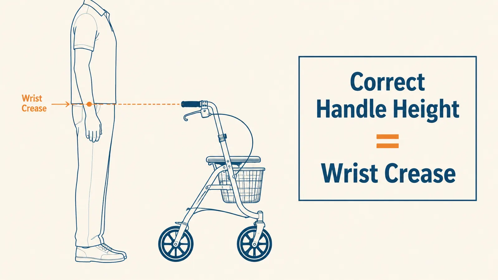 Diagram showing correct wrist-crease handle height measurement for a rollator walker: arm straight at side, handle meets wrist crease