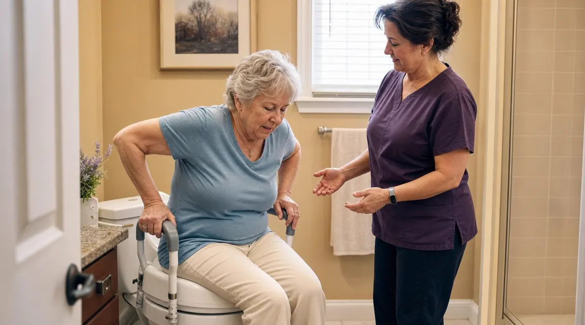 Elderly woman seated on a raised toilet seat gripping padded armrests to push herself to standing