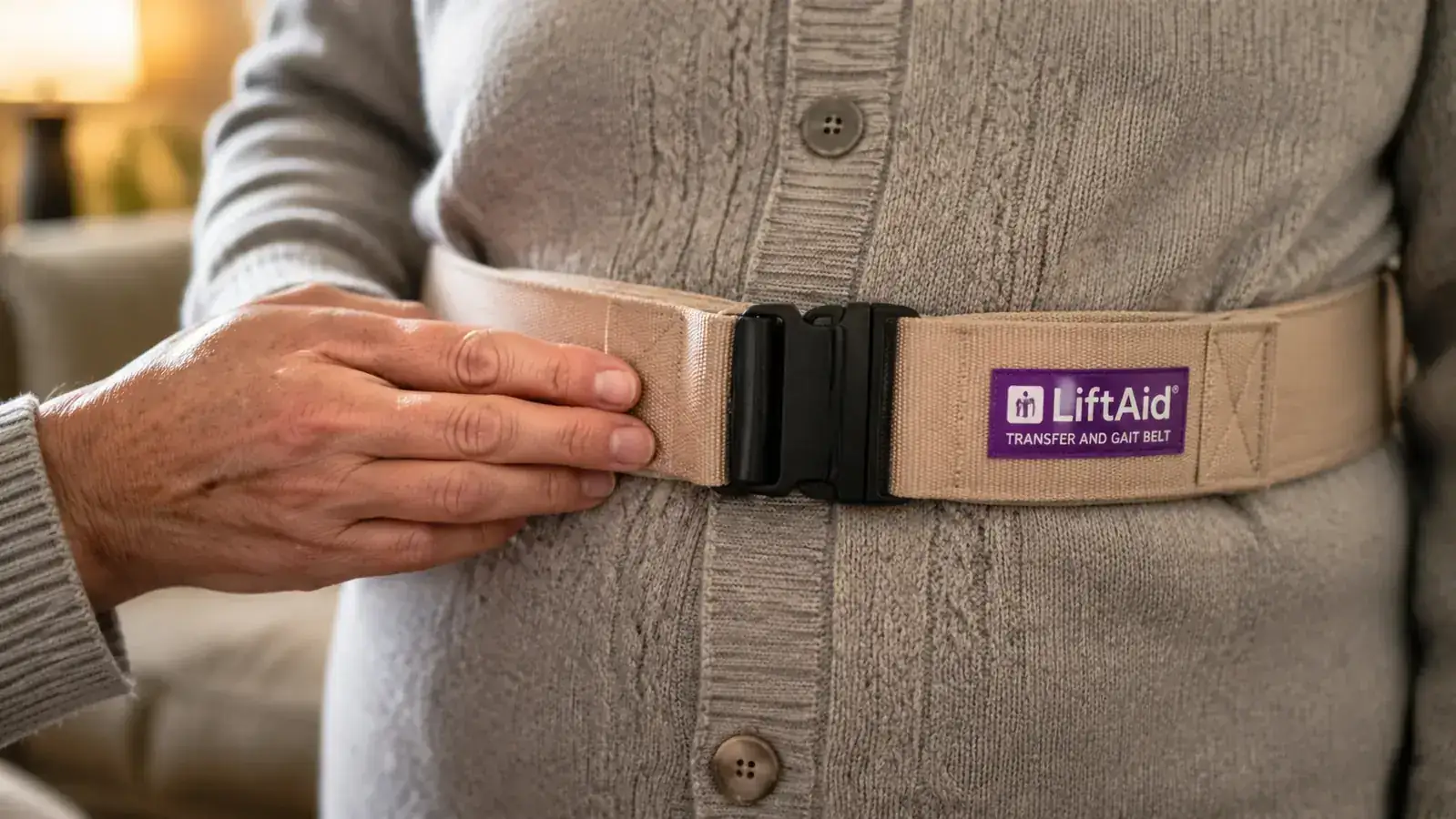 Close-up of a gait belt buckled over clothing at waist level, two fingers fitting under the belt to check fit