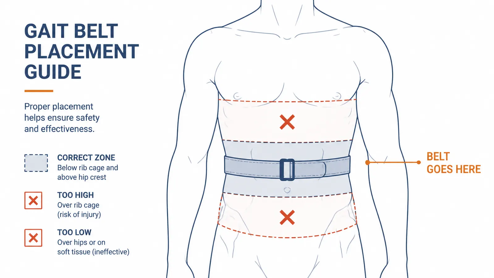 Diagram showing correct buckle placement below the rib cage and above the hip bone with labeled zones