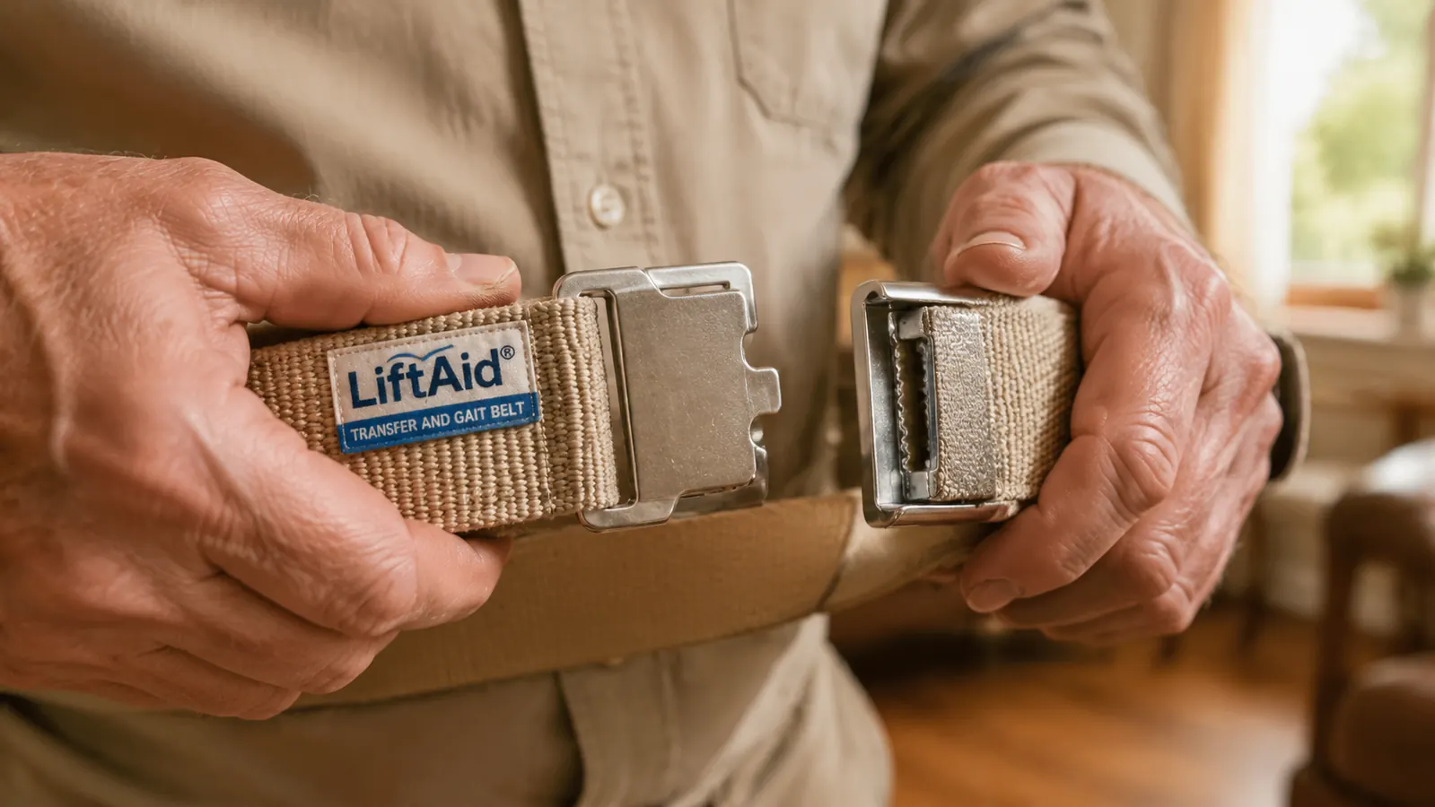 Close-up of metal buckle on a beige gait belt with sizing markings visible on the webbing