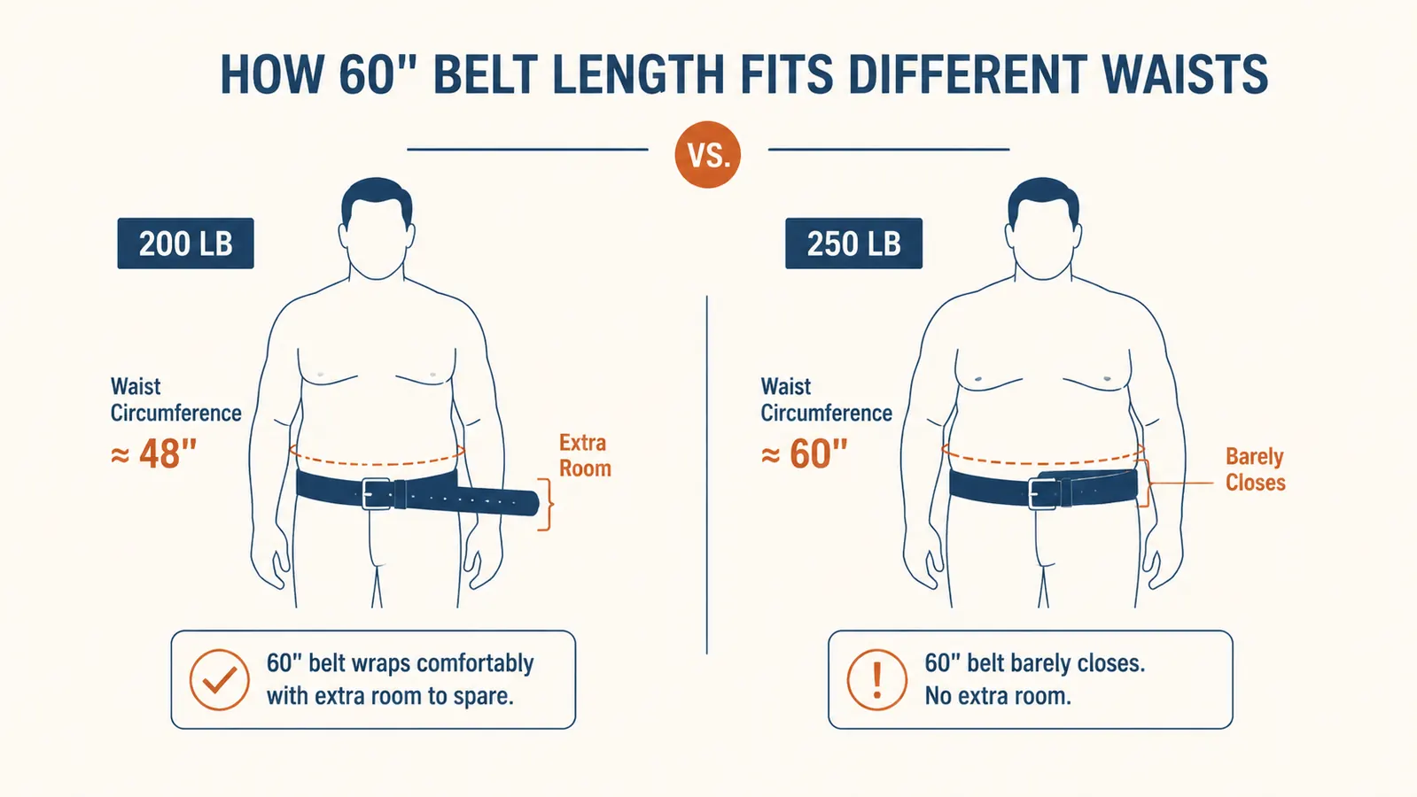 Measuring tape laid alongside a 60-inch gait belt showing how it wraps a mannequin torso at various waist sizes