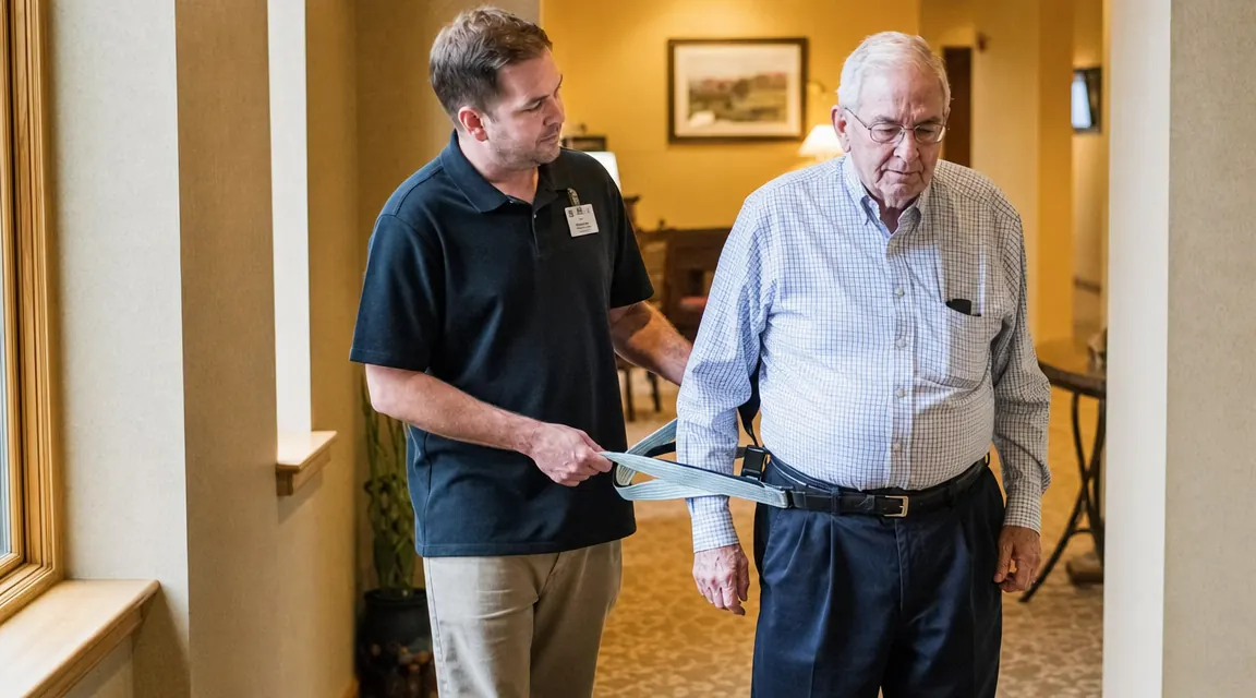 Caregiver and elderly man walking down a hallway, caregiver's hand gripping the side loop on a gait belt at the man's waist