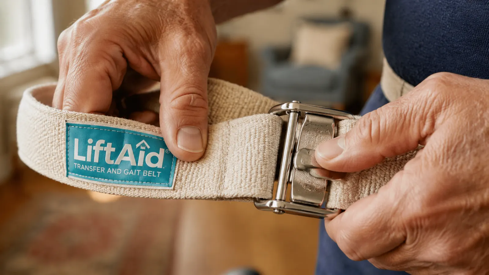 Close-up of hands threading a LiftAid gait belt through a metal cam-lock buckle on a beige canvas strap