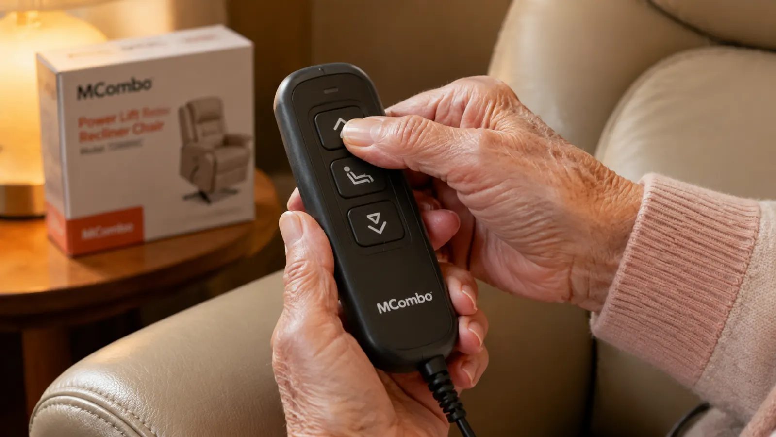 Close-up of a hand pressing the two-button remote control of a power lift recliner