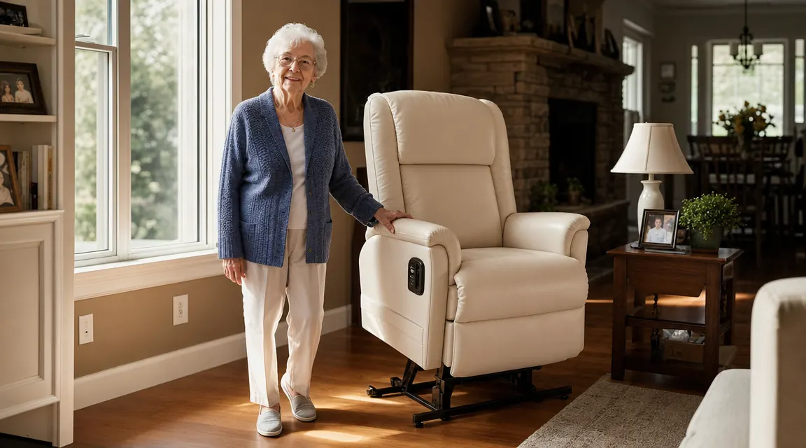 Elderly woman standing independently next to a power lift recliner, relaxed and upright