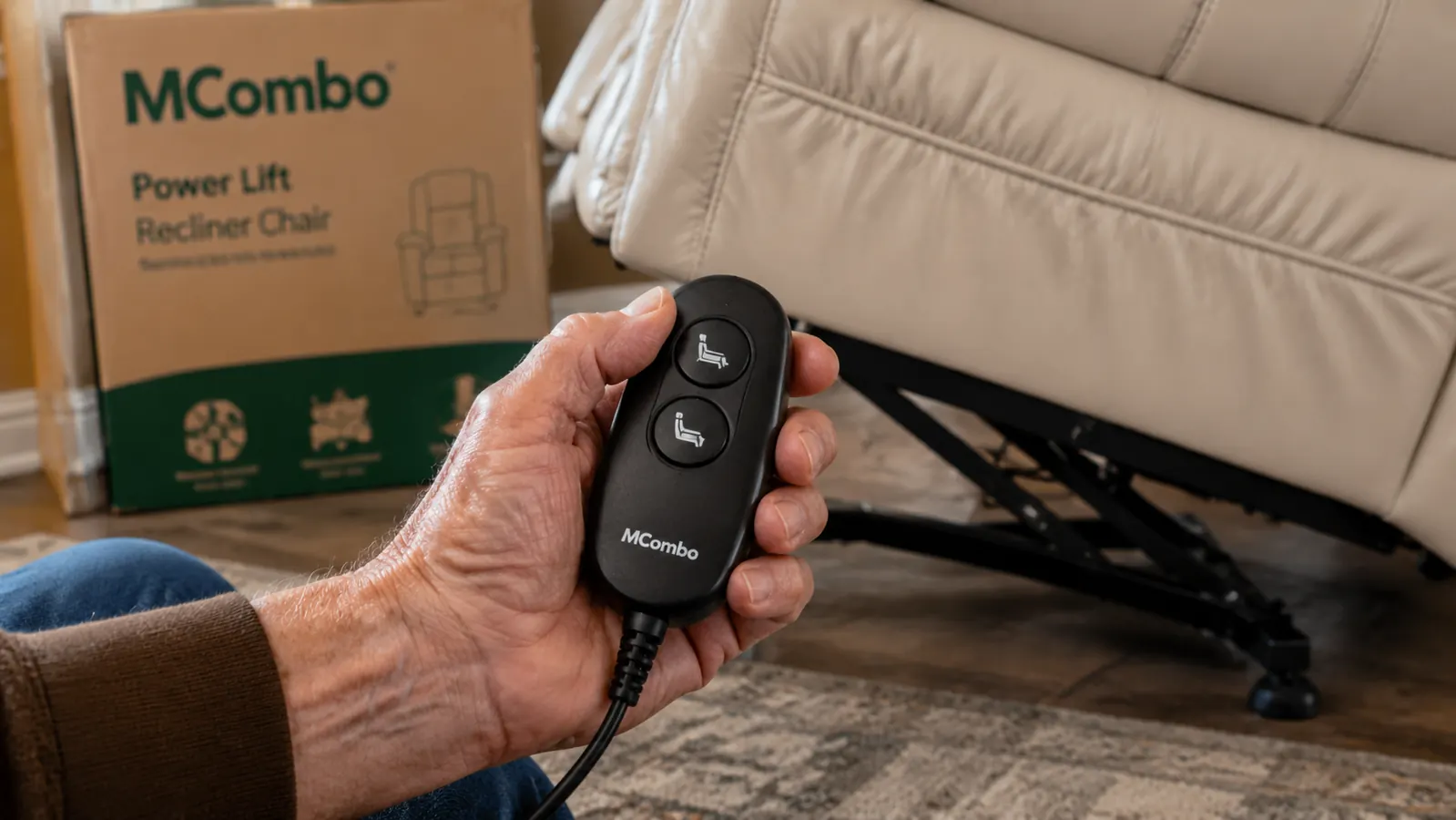 Close-up of a hand operating the two-button wired remote control of the MCombo lift chair