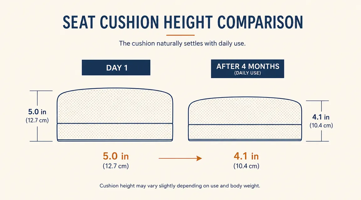 Diagram showing cushion thickness at purchase versus four months of use with compression measurements