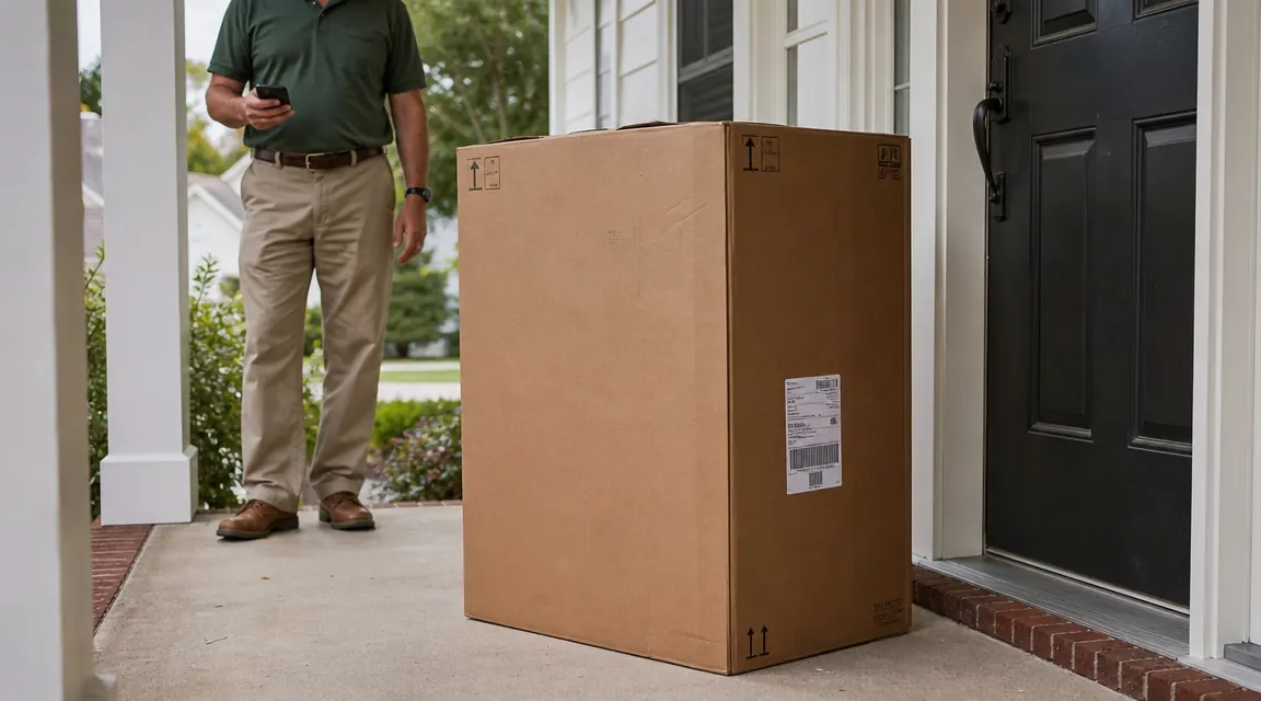 Large cardboard shipping box on a porch next to a front door with a door frame for scale