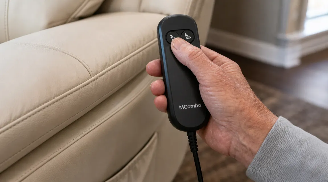 Close-up of a hand pressing the lift button on a wired remote control for a power recliner