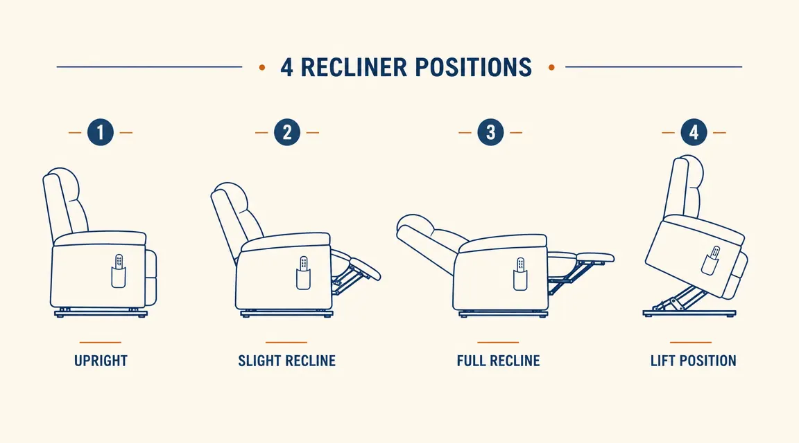 Diagram showing the four position stages of a power lift recliner from fully upright to fully reclined