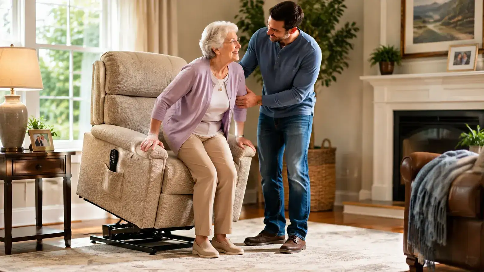 Adult caregiver helping an elderly woman stand up from a power lift recliner that is in the raised lift position