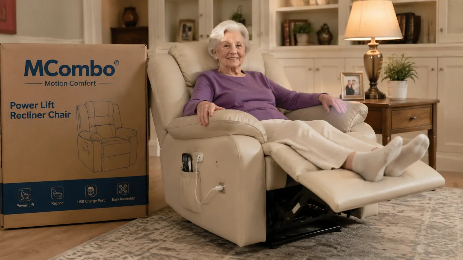 Elderly woman seated in a cream faux-leather power lift recliner with extended footrest, TV remote on armrest