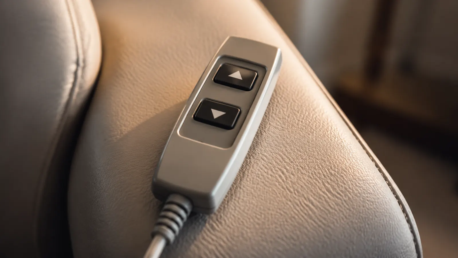 Close-up of a simple two-button lift chair remote resting on a faux leather armrest